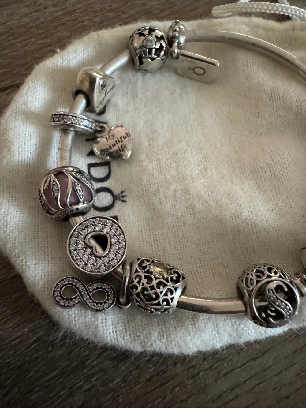 Pandora Silver Charm Bracelet with Heart, Infinity and Travel Charms